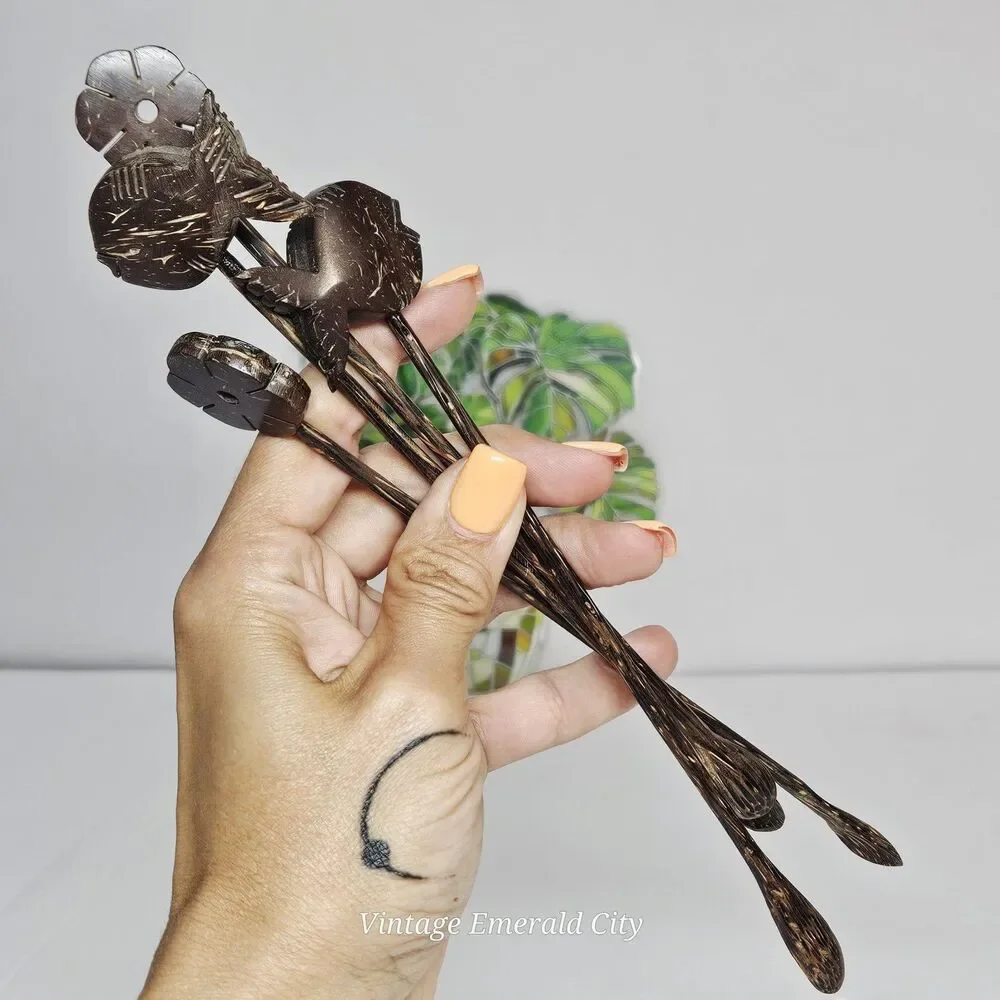 Vtg Coconut Drink Stirs Sticks Fish Flower Mini Spoons Luau Tiki Bar Beach Party
